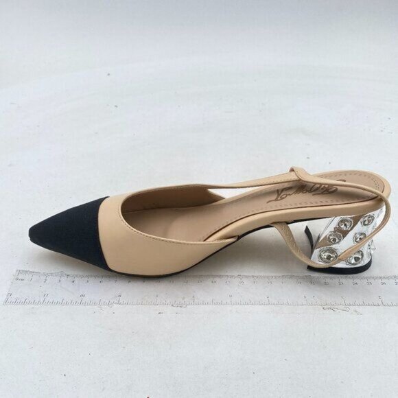 FOWT Light Apricot Rhinestone Chunky Heel Pumps Pointed Cap Toe Slingback Sandal - Picture 2 of 8